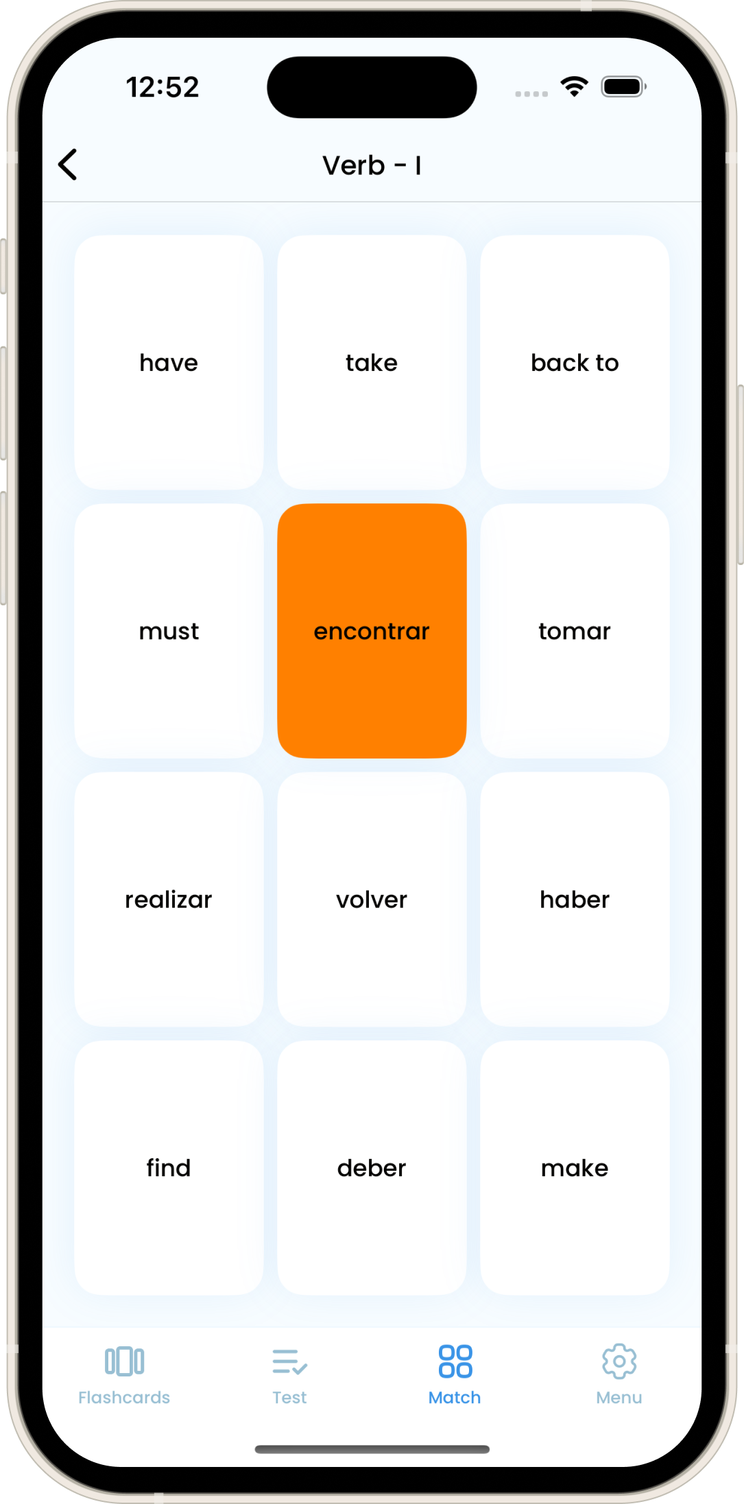 Spanish Flash Cards - Match Game View