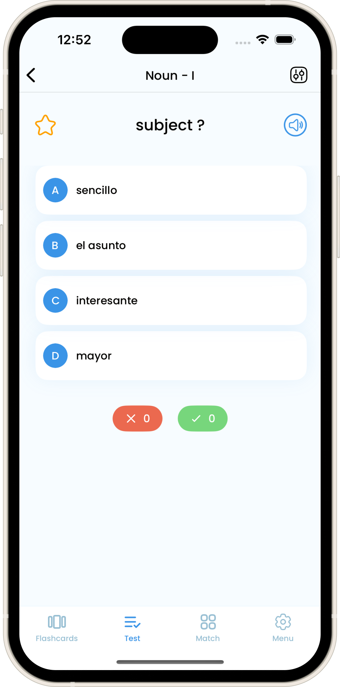Spanish Flash Cards - Quiz View